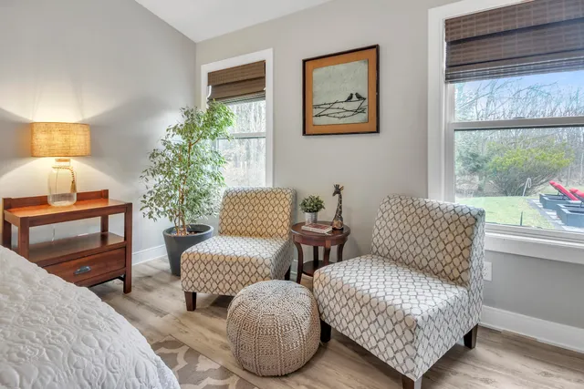 a living room with furniture and a potted plant