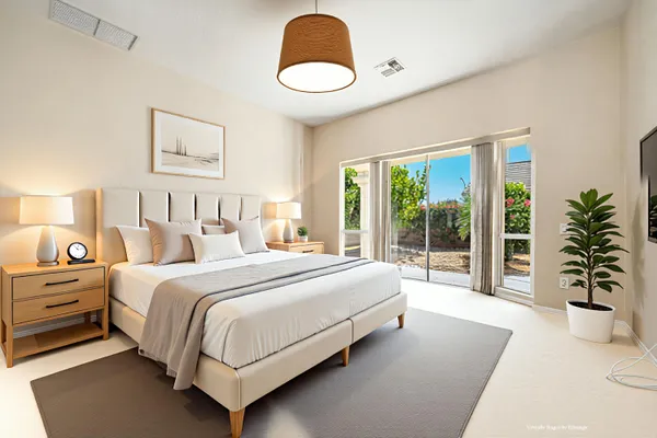 a spacious bedroom with a bed and a large window