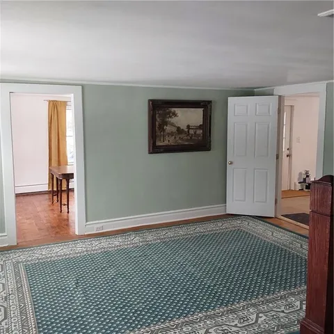 a living room with a rug fireplace and a window