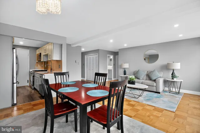 a view of a dining room with furniture