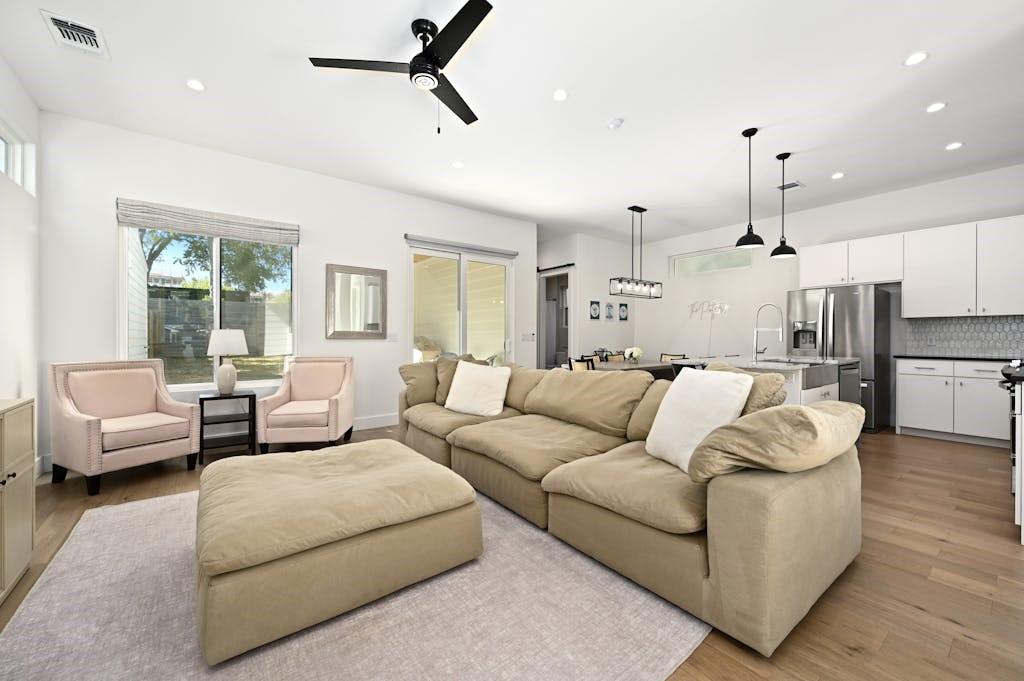 5212 Huisache Street, Unit 2 Austin, TX 78751 - Photo 6 of 30 Living room with a ceiling fan, recessed lighting, and light wood-style floors