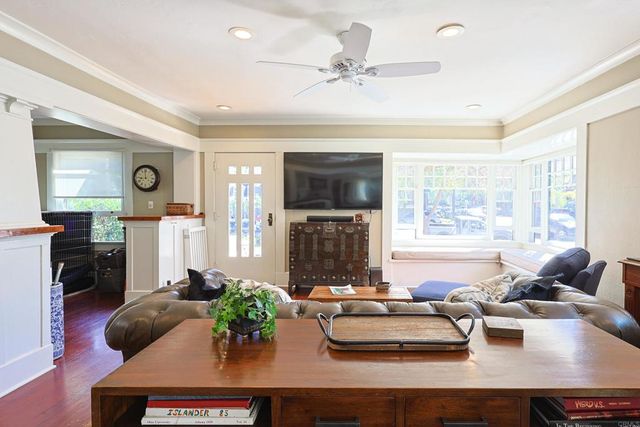 a living room with furniture potted plant and a window