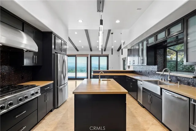 a large kitchen with stainless steel appliances granite countertop a large stove a sink dishwasher and a microwave oven with large trees