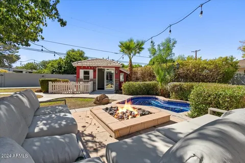 front view of a house with a patio
