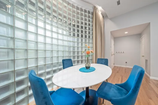 a view of a dining room with furniture