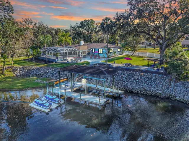 an aerial view of a house with a yard and large trees