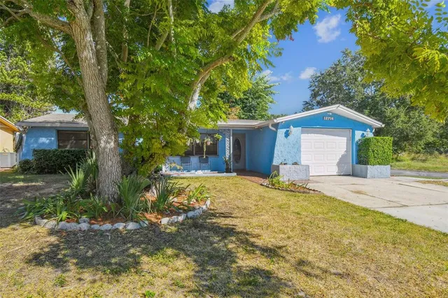 a view of a house with backyard and garden