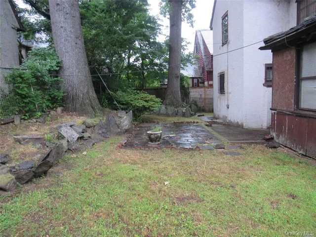 a view of a backyard with large trees and plants