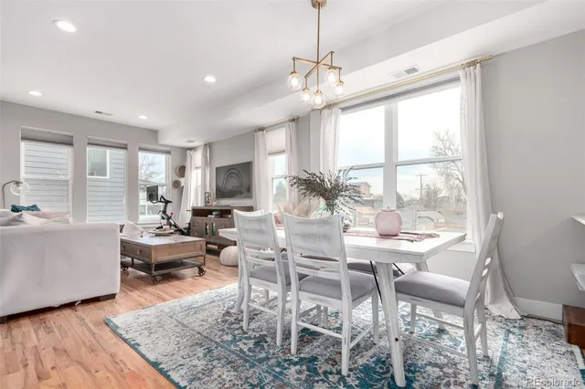 a view of a dining room with furniture window and outside view