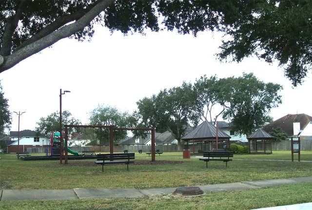 a view of a park with large trees