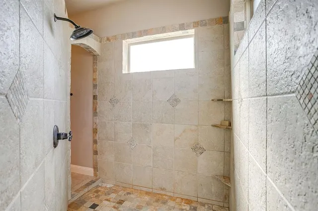 a bathroom with a shower and a sink
