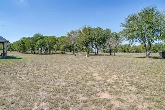 a view of a field with trees in the background