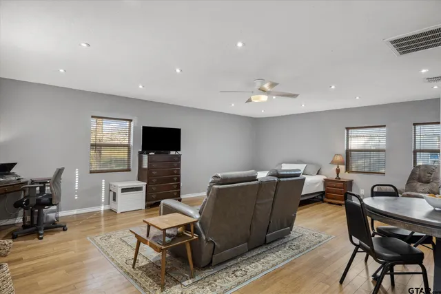 a workspace with furniture and window