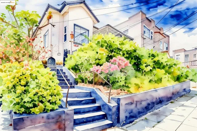 a view of a pathway with flower plants