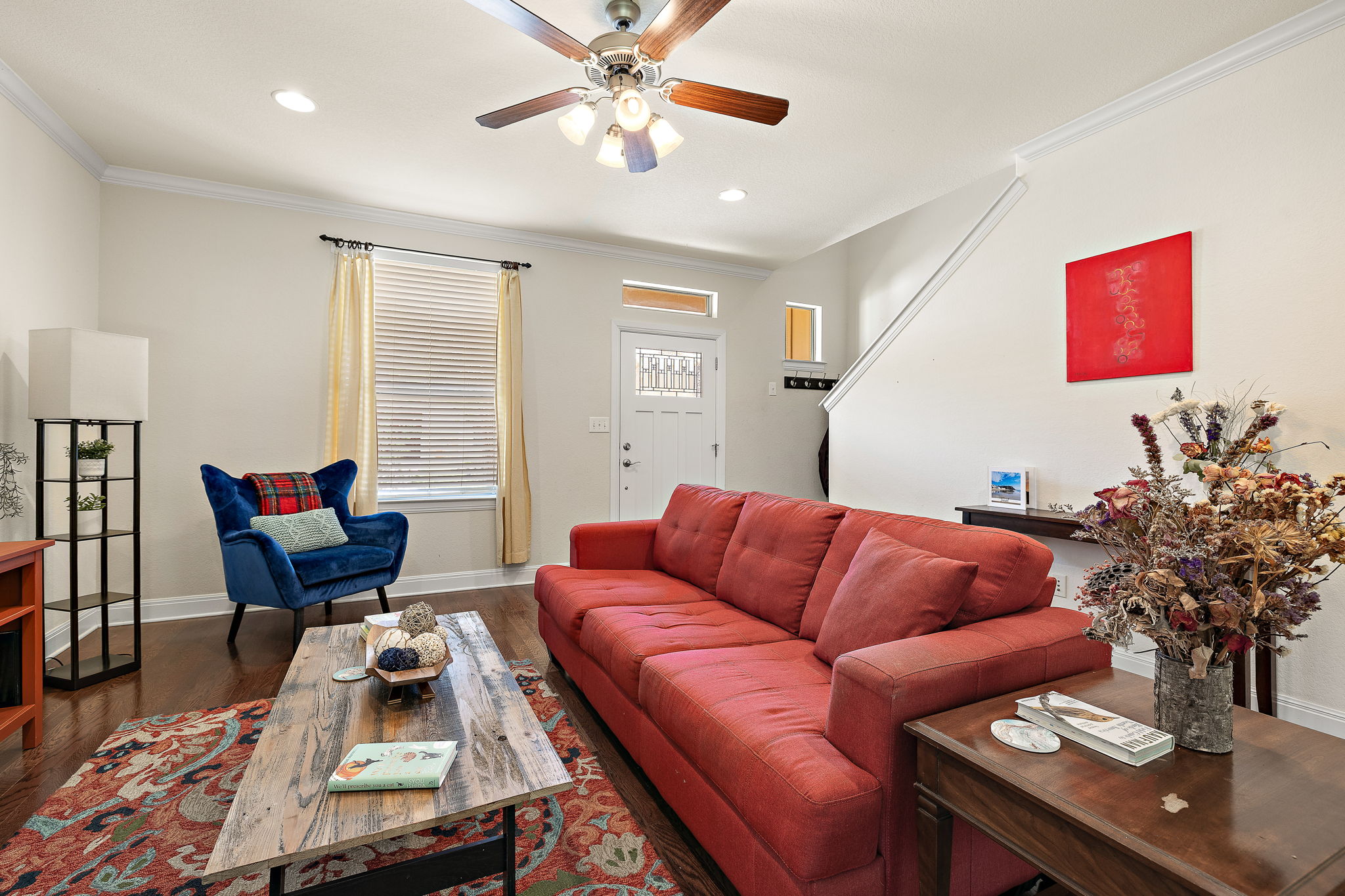 6708 Menchaca Road, Unit 10 Austin, TX 78745 - Photo 6 of 28 Open living area featuring dark wood-finish flooring, recessed lighting, and crown molding