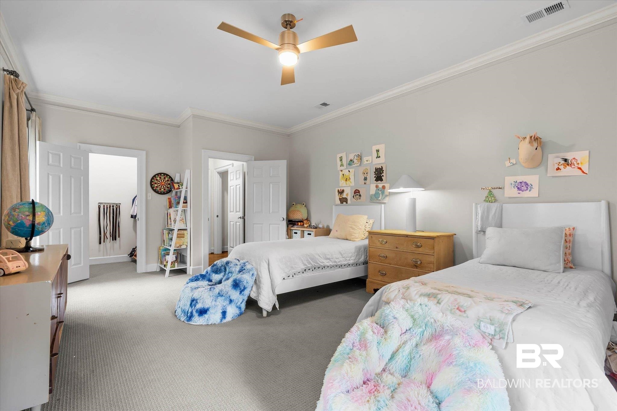 3908 Yester Place Mobile, AL 36608 - Photo 32 of 45 Carpeted bedroom featuring crown molding, neutral wall color, and a ceiling fan with integrated lighting