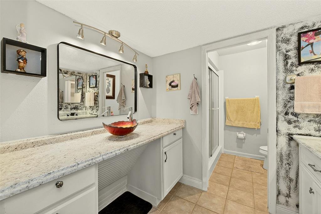 700 Starkey Road, Unit 1216 Largo, FL 33771 - Photo 17 of 32 a bathroom with a granite countertop sink a mirror and a shower