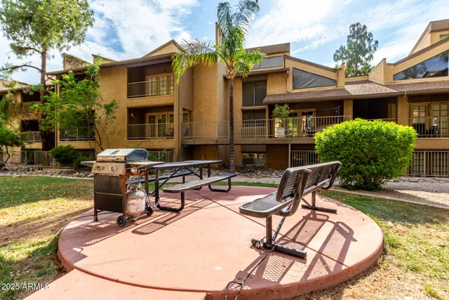 a view of a patio with table and chairs potted plants and a large tree