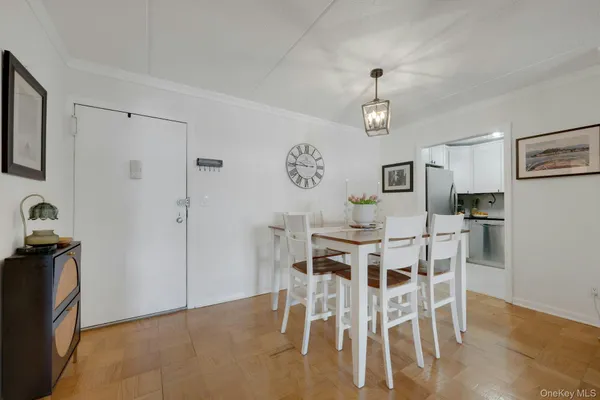 a view of a dining room with furniture