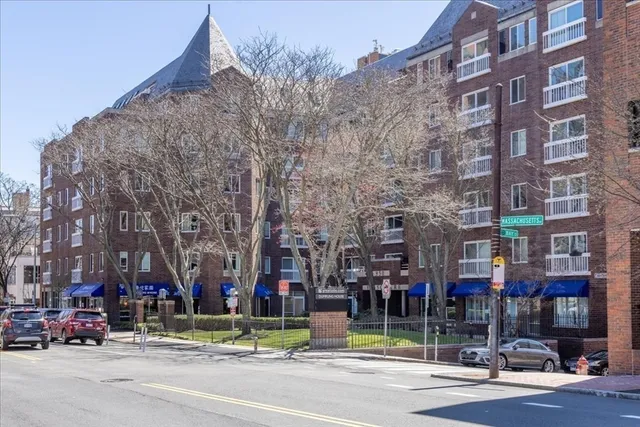 a view of a building and a street