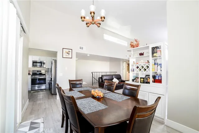 a view of a dining room with furniture