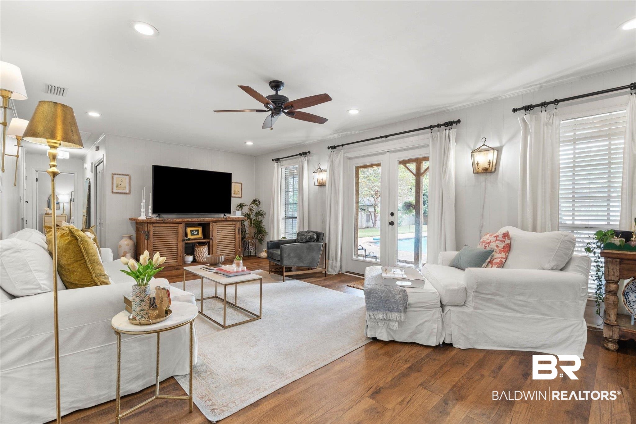 254 Woodlands Avenue Mobile, AL 36607 - Photo 6 of 50 Living area with recessed lighting, wood finished floors, a ceiling fan, and french doors