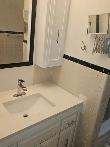 a bathroom with a sink and a mirror