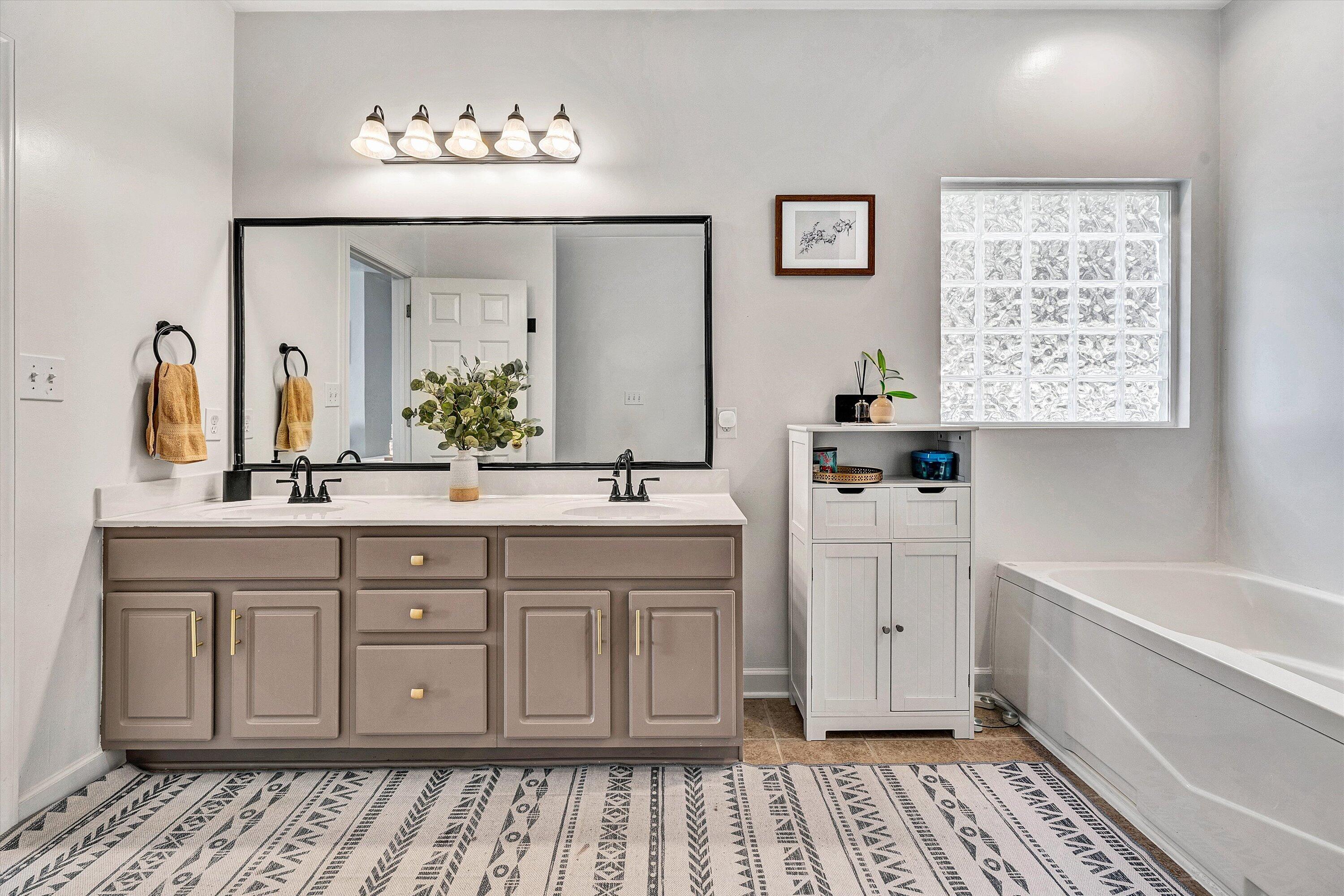 5424 Quail Ridge Court Roanoke, VA 24018 - Photo 26 of 41 a spacious bathroom with a double vanity sink a mirror a bathtub and a window