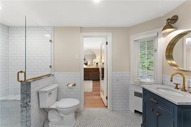 a bathroom with a toilet a sink a mirror a vanity and shower