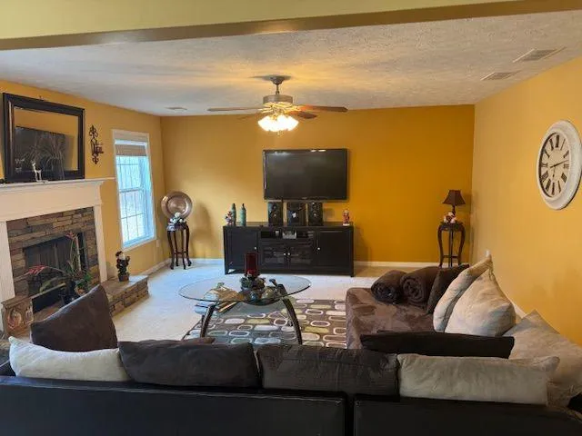 a living room with furniture and a fireplace
