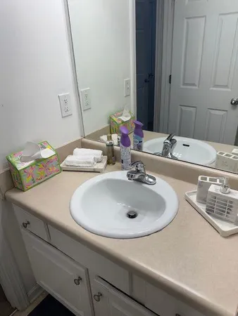 a bathroom with a sink and a mirror