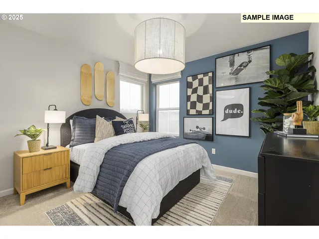 a bedroom with a bed a mirror and potted plants