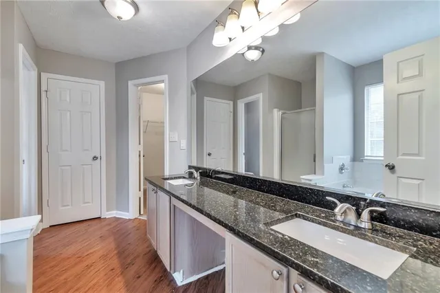 a bathroom with a granite countertop double vanity sink and a mirror