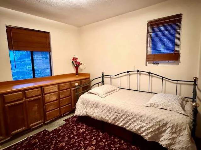 a bedroom with a bed and a window