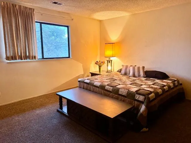 a bedroom with a bed and window