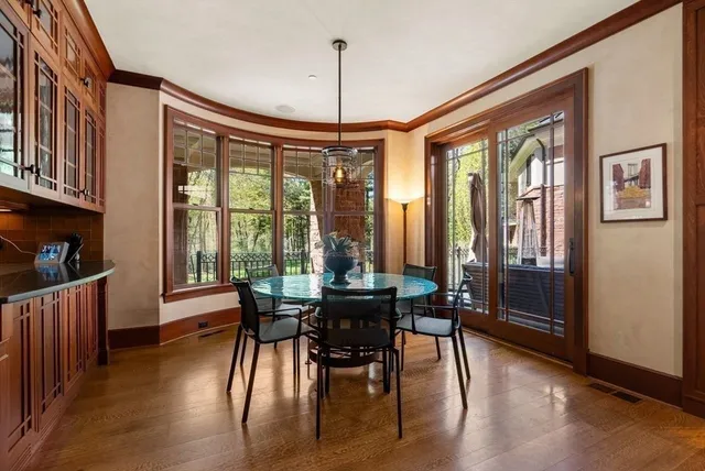a view of a dining room with furniture window and wooden floor