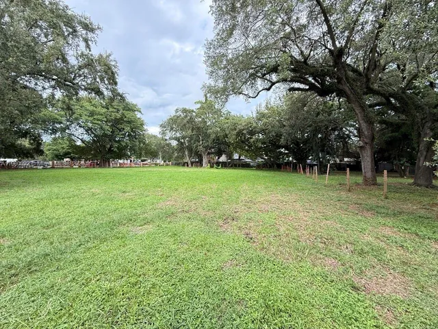 a view of a field with trees in the background