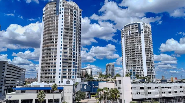 a city view with tall buildings