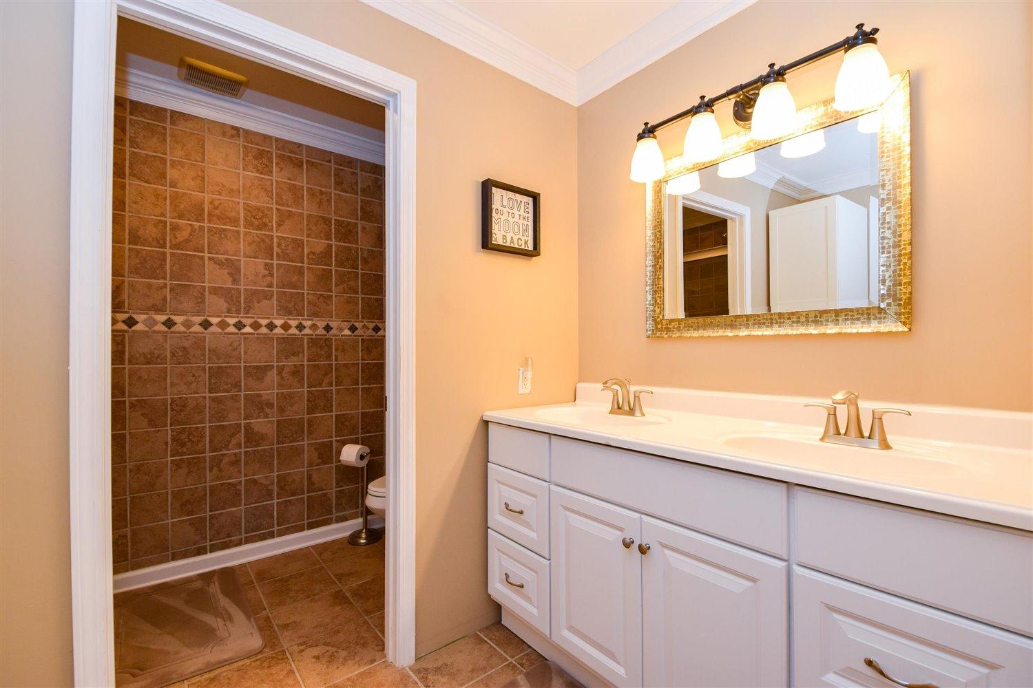 2677 Webster Road Blue Ridge, VA 24064 - Photo 15 of 35 a bathroom with a granite countertop sink a mirror and a shower