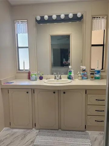 a bathroom with a sink and a mirror