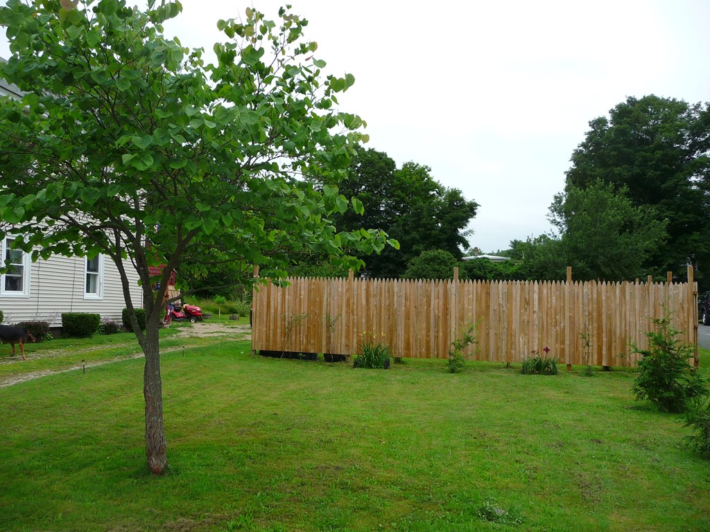 19 Chapel Street Warren, MA 01092 - Photo 26 of 30 a view of a backyard with large trees and wooden fence