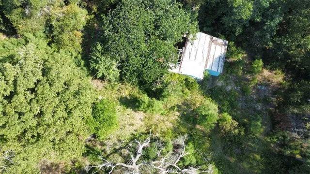 an aerial view of a house with a yard and trees