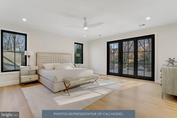 a spacious bedroom with a large bed and a large window