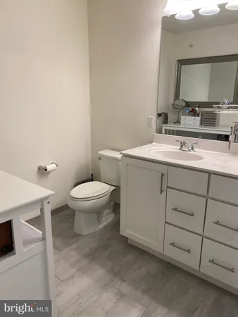 a bathroom with a sink toilet and mirror
