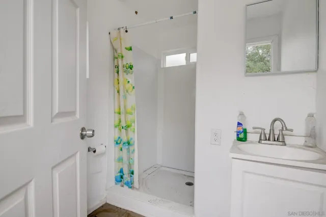 a bathroom with a sink and a shower