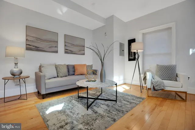 a living room with furniture and a rug
