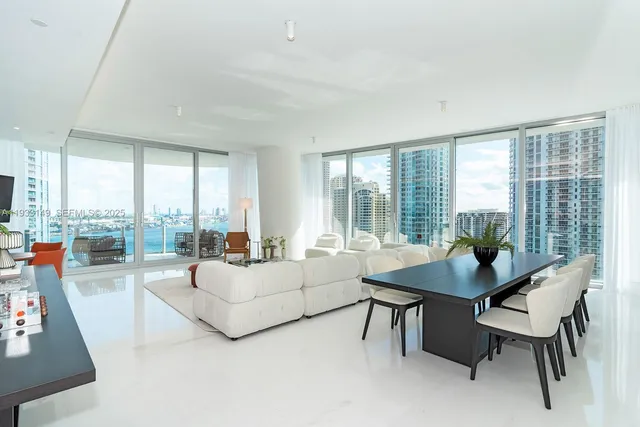 a view of a a dining room with furniture window and outside view