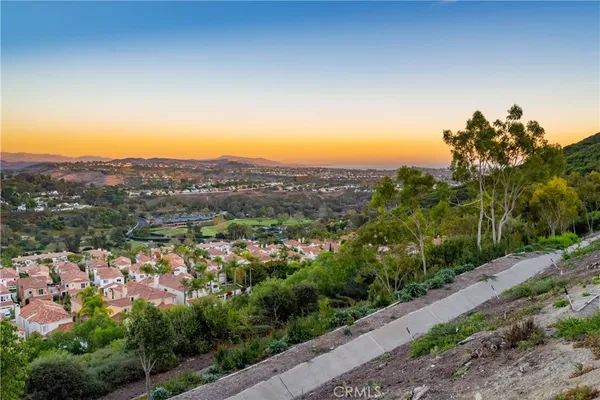 an aerial view of green landscape with trees houses and mountain view
