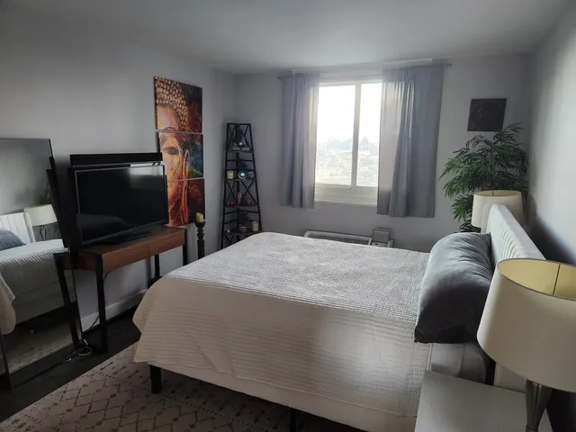a bedroom with a bed a flat screen tv and a couch