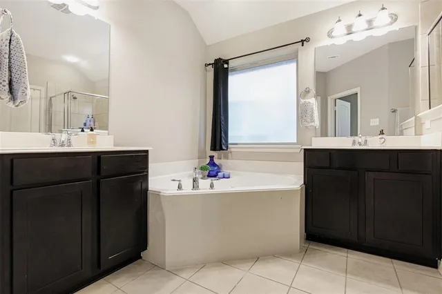 a bathroom with a bathtub sink vanity and mirror